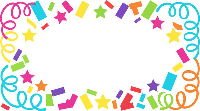 Colorful party confetti and ribbon border frame with festive stars for celebrations and events Vector