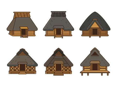 Traditional Japanese house icons. Ancient wooden huts with thatched roofs vector set.