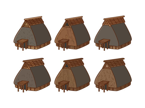 Traditional Japanese thatched roof houses. Ancient wooden village huts in vector style.