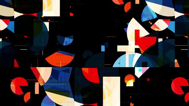 Abstract geometric motion graphic background with colorful floating shapes on dark space.
