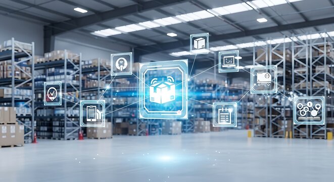 Industrial smart factory interior with digital automation interface representing Industry 4.0, AI manufacturing, robotics, and intelligent production systems.