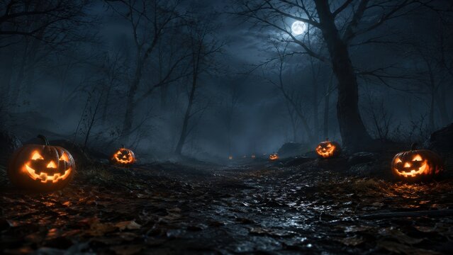  spooky forest path at night is illuminated by glowing jack-o'-lanterns under a full moon in a foggy, eerie atmosphere.