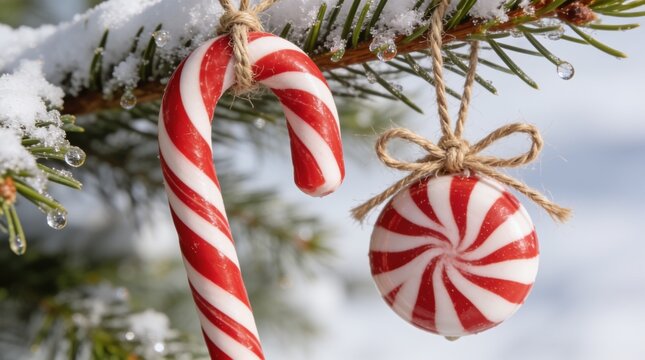 Red and white candy canes with peppermint ornaments on snowy pine branch