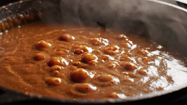 Rich Bubbling Brown Gravy Simmering in Dark Metallic Pot Highlighting Comfort Food and Culinary Preparation