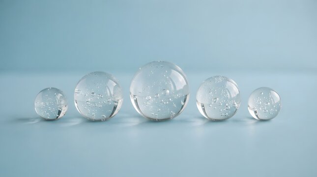 Five clear glass spheres with internal bubbles