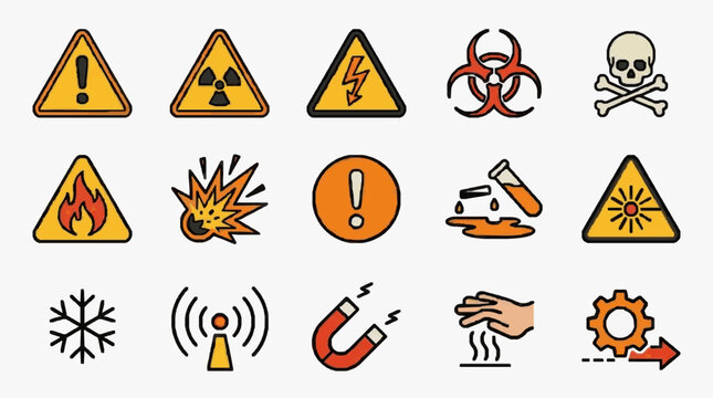 Creative Set of 18 Colorful Warning and Hazard Icons Featuring Skulls Radioactivity Fire Explosions Biohazards and More