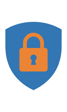 Minimalist shield icon with a central padlock symbol representing data protection and cybersecurity isolated on a white background, modern technology concept