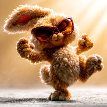 Fluffy toy rabbit wearing dark sunglasses dancing cheerfully in warm sunlight