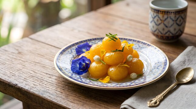traditional Thai Dessert designed with ultra-realistic food photography Traditional Thai Dessert Look Choop on Elegant Decorative Plate with Edible Flowers and Vintage Brass Spoon in Rustic Setting