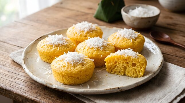 traditional Thai Dessert designed with ultra-realistic food photography Traditional Filipino Puto with Grated Coconut Topping on Rustic Plate in Natural Light Setting