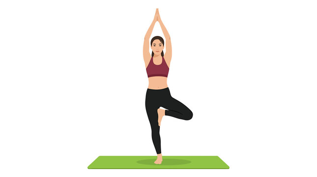 Asian Female Balancing in Tree Pose Yoga Flat Vector