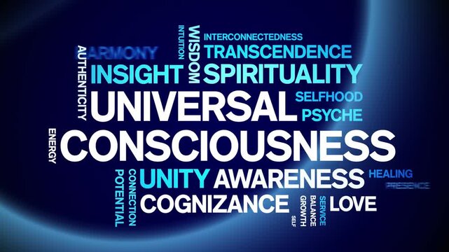 Universal Consciousness animated word cloud-text design animation tag kinetic typography seamless loop.