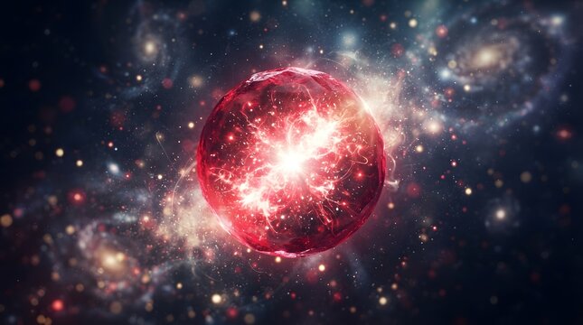 Glowing red energy sphere in deep space