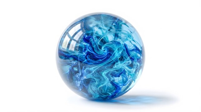 Abstract blue swirling smoke inside a glass sphere isolated on white background