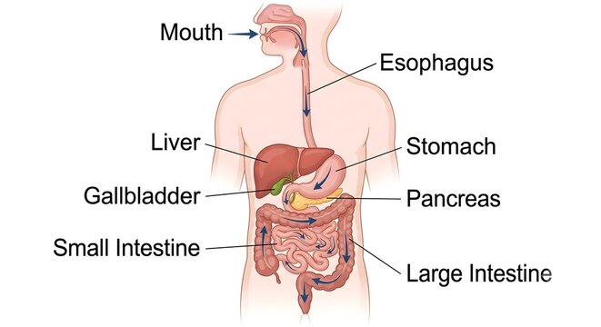 Human digestive system anatomy diagram with medical labels showing internal organs and digestive flow