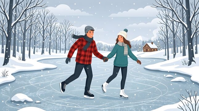 Two people ice skating in a snowy forest