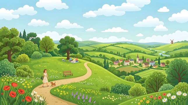 Peaceful countryside landscape with winding path and greenery