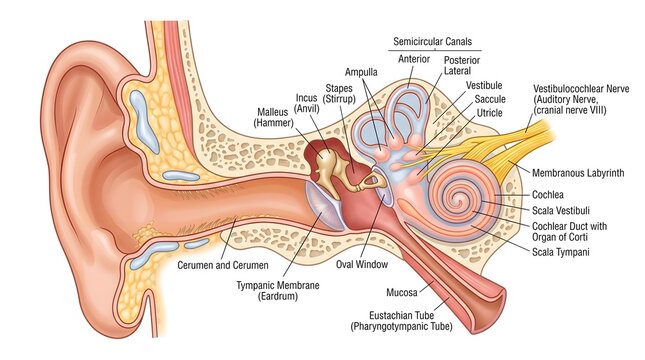 Human ear anatomy cross section diagram with detailed medical labels
