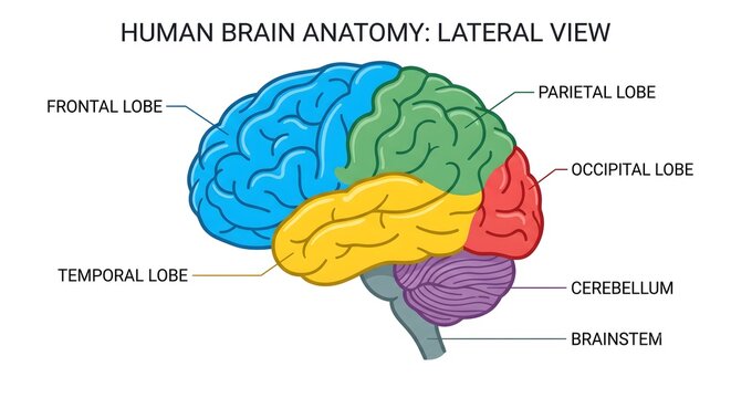 Human brain anatomy lateral view diagram with colored lobes and medical labels
