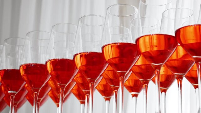 Elegant rows of martini glasses filled with red cocktails prepared for a reception, wedding, corporate event or festive celebration. Luxury catering and hospitality concept.