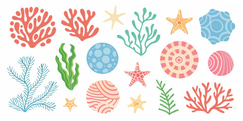 Sea life illustration collection with coral seaweed and starfish on white © Sudebi