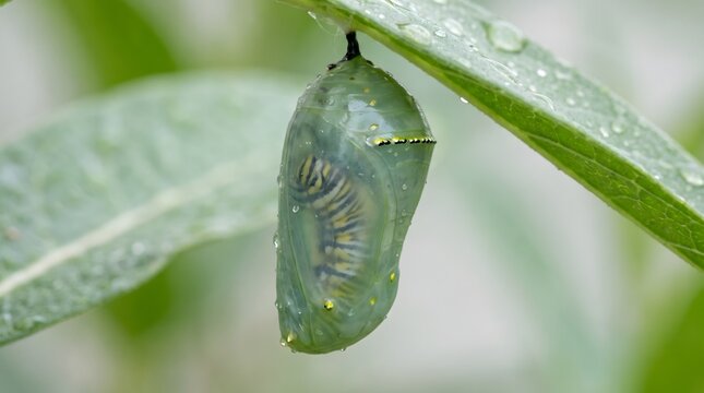 Green Monarch Butterfly Chrysalis Hanging on Leaf Closeup with Water Drops in Spring Forest