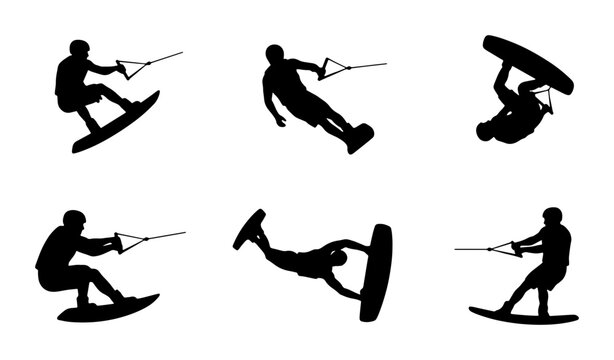 Wakeboarding Silhouettes, Water Sports Action, Extreme Athlete Poses, Dynamic Vector Graphics