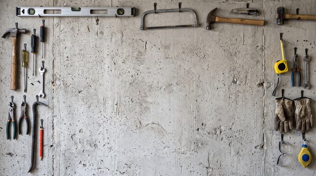 Tools hanging on a concrete wall. Workshop pegboard background for construction projects.