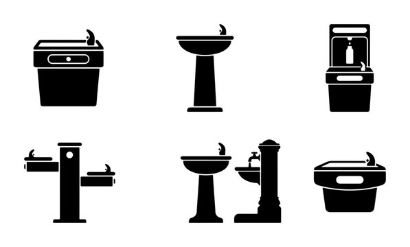 Water Fountain Icons, Public Drinking Fountains, Outdoor Hydration Stations, Vector Set