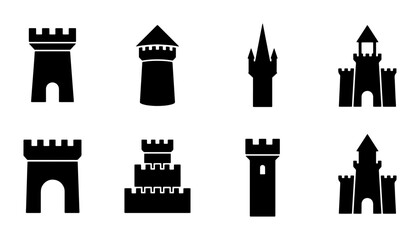 Castle Tower Icons, Medieval Fortress Silhouettes, Royal Architecture Vector Set © Sahil