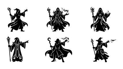 Fototapeta premium Mystical Wizard Icons, Magic Sorcerer Silhouettes, Fantasy Mage Graphics, Enchanted Character Set