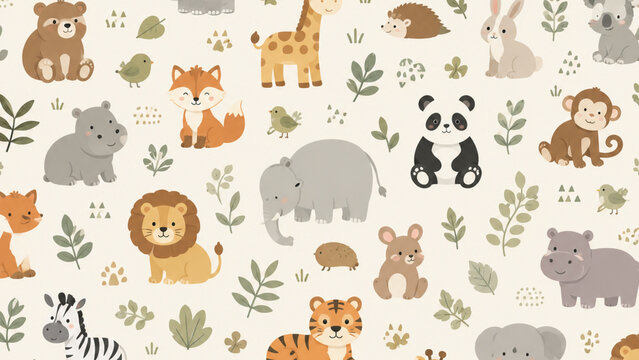 Seamless Pattern of Cute Safari Animals for Nursery Wallpaper and Kids Textile Design