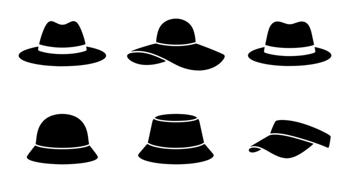 Six Black Hat Icons: Fedoras, Sun Hats, Bucket Hats, Visors, Headwear Collection