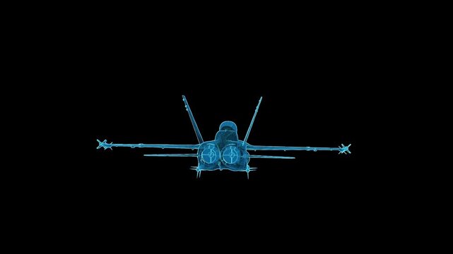 Detailed 3D HUD wireframe attack aircraft with 360-degree rotation, futuristic holographic blueprint for aviation and military visualization.