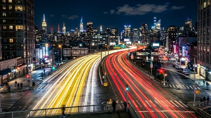 Obraz premium Long Exposure Light Trails of Night Traffic in New York City Busy Intersection