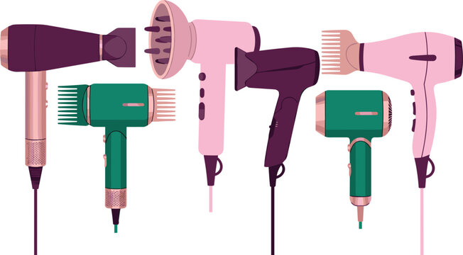 Hair Dryer Vector Illustration Set Featuring Modern Blow Dryers with Concentrator Nozzle Diffuser and Comb Attachments for Salon and Styling