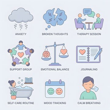 flat design mental health concepts with nine therapeutic activities