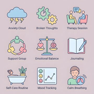 flat lay mental health concepts with colorful therapy icons
