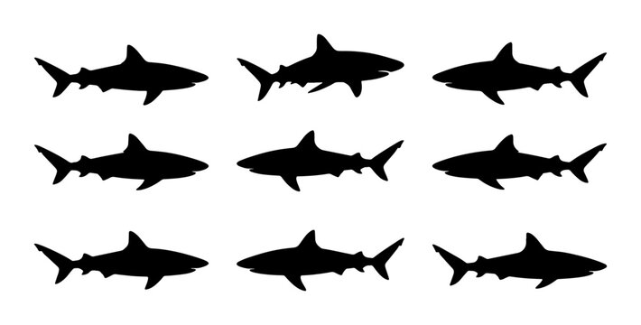 Nine Black Shark Silhouettes, Marine Life Icons, Ocean Predator Vector Graphics, Underwater Danger Symbols