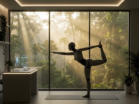 woman practicing yoga tree pose in bright sunlit modern home