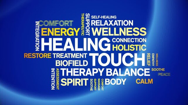 Healing Touch animated word cloud-text design animation tag kinetic typography seamless loop.