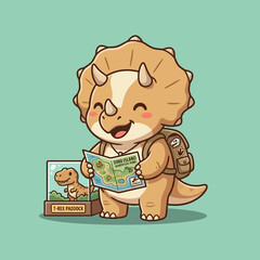 Cute Cartoon Triceratops Explorer Holding Adventure Map Illustration © Arviz