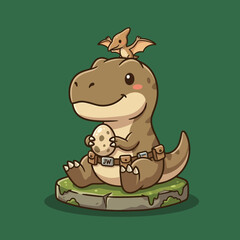 Cute Cartoon T-Rex Dinosaur Holding Egg Vector Illustration © Arviz