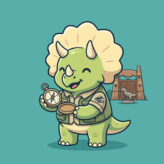 Cute Cartoon Triceratops Explorer Mascot Holding a Compass Vector © Arviz
