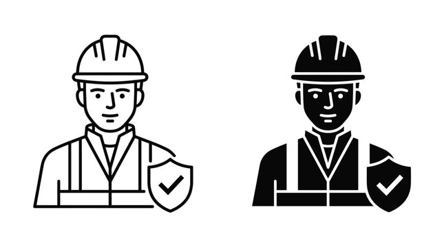 Construction worker with safety shield icon in outline and solid styles on white background
