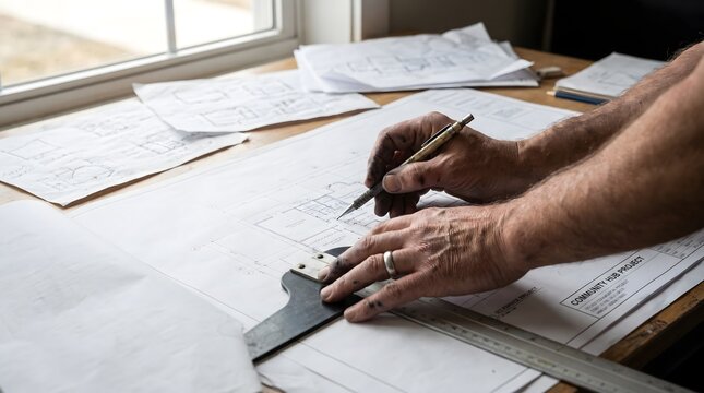 Architect Hands Drawing Blueprint on Desk with Ruler Pen