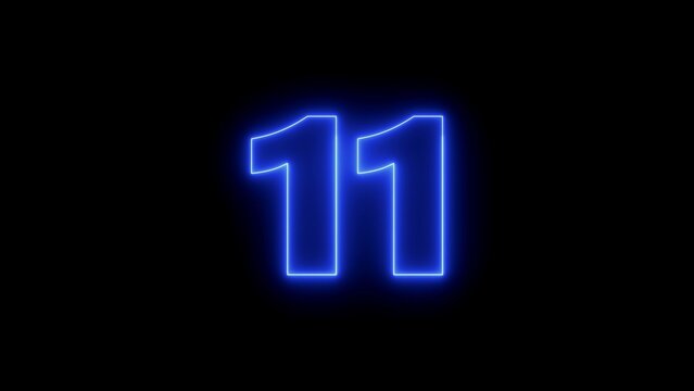 Glowing neon blue number eleven isolated on a solid black background, for digital countdown, timer or anniversary, celebration with vibrant, electric light effect, and modern typography