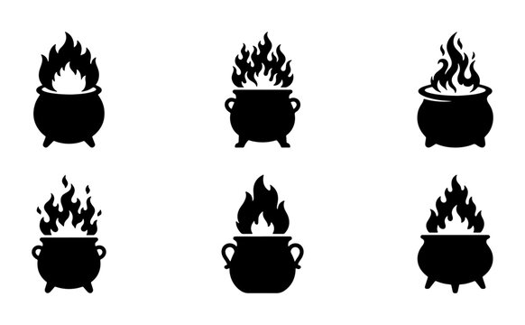 Cauldron Icons, Witch Pot Symbols, Fire Magic Elements, Halloween Potion Vessels