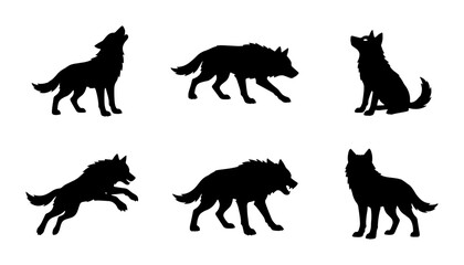 Obraz premium Wolf Silhouettes Collection, Wild Animal Vector Icons, Nature Wildlife Graphic Elements