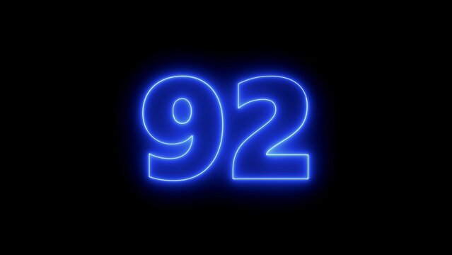 Glowing neon number ninety two isolated on deep black background, vibrant electric blue light effect for digital countdown timer or modern minimalist typography